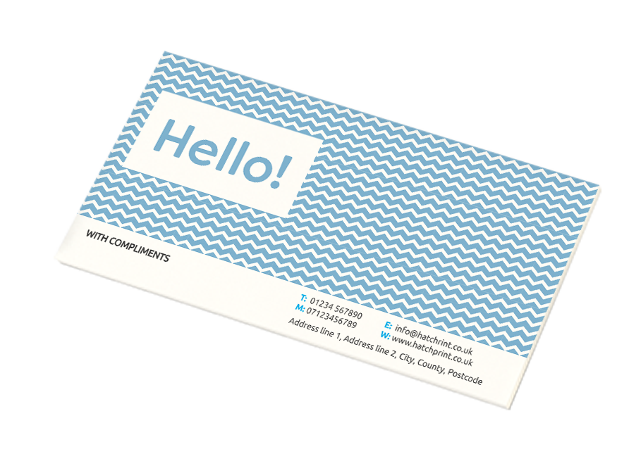 Compliment slip with blue and white design, a product offered by Hatch