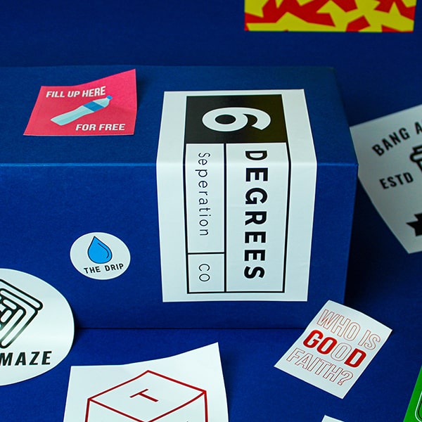 group of stickers, with printed logos and designs, vegan stickers