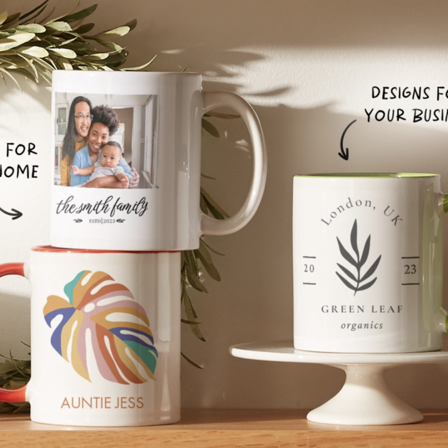 Printed mugs and cups, showing designs for birthday cups, branded office cups